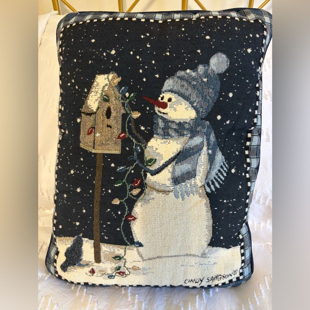 Christmas Tapestry Throw Pillow Snowman Birdhouse 12”x15” Cindy Sampson Blue EUC
